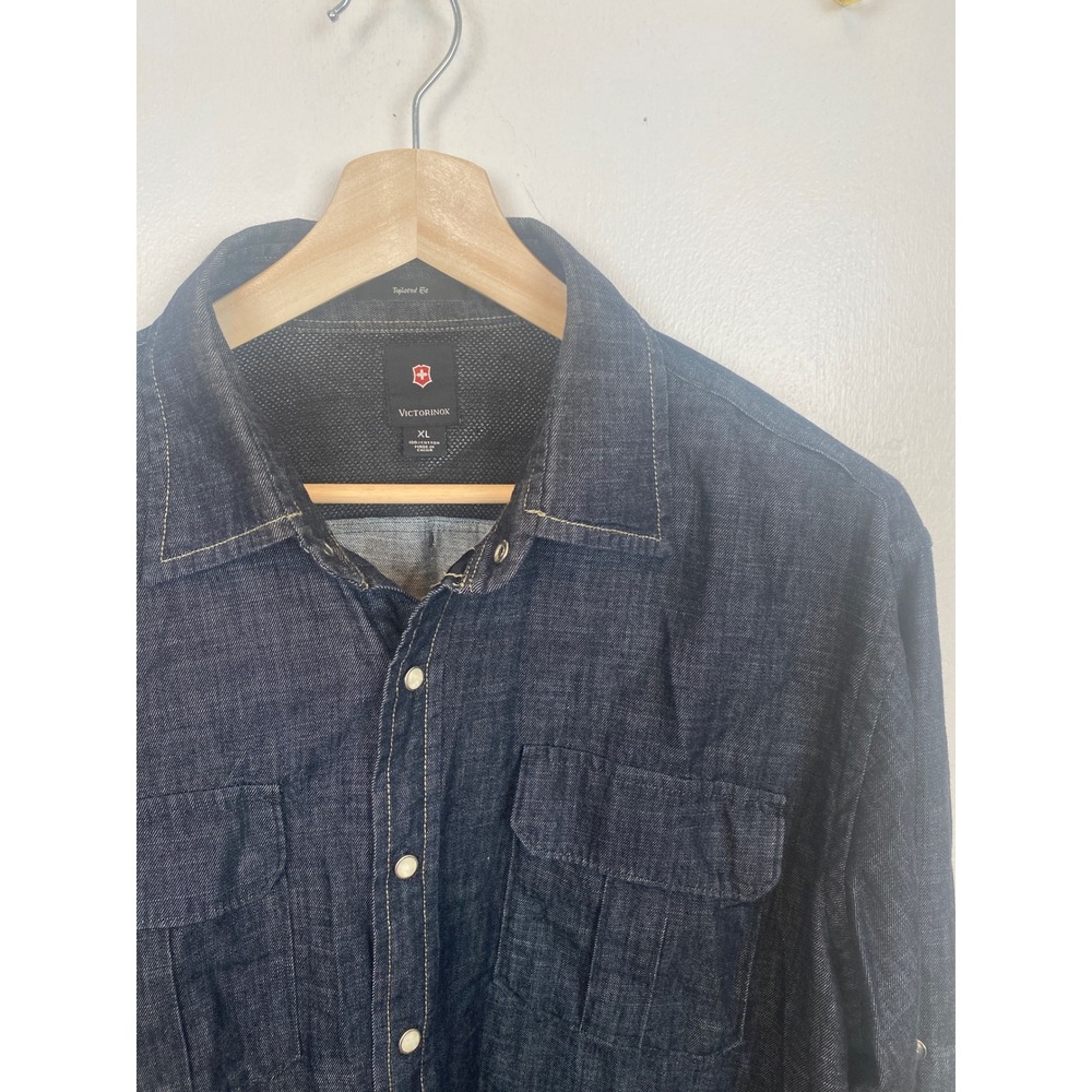 Victorinox Mens Tailored Fit Denim Western Shirt Dark Wash XL Pearl Snap